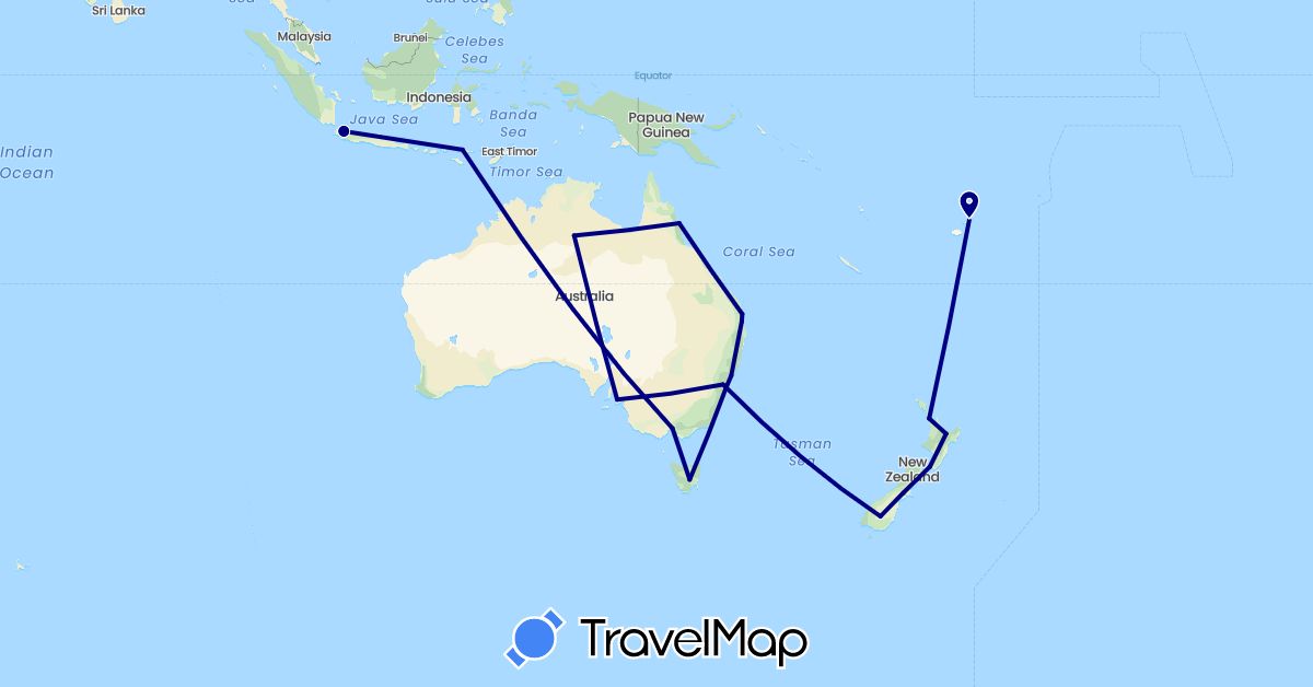 TravelMap itinerary: driving in Australia, Fiji, Indonesia, New Zealand (Asia, Oceania)